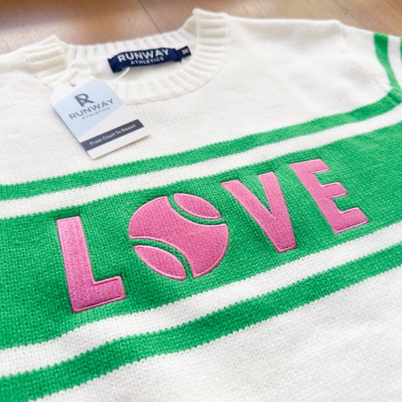 Tennis Inspired RUNWAY ATHLETICS LOVE Sweater - Pink, Green & Cream Size Medium - Picture 2 of 13